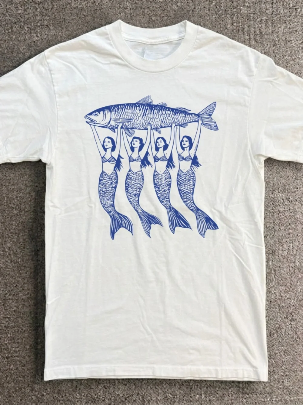 Gildan White Tee with Blue Mermaid Quartet & Fish Graphic